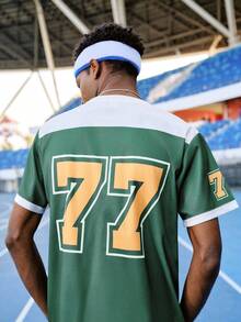 EVRINFINITE 男士夏季时尚街头风T恤，休闲圆领短袖上衣，3D数字印花 - 黑色配橙色77，夏季足球服 - 軍綠色 - 查看 3