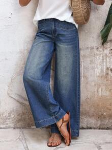 EMERY ROSE Jeans anchos de pierna lavados de estilo casual para vacaciones de mujer - Azul - Ver 1