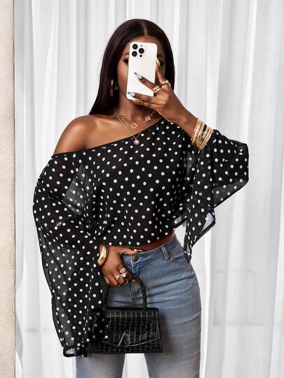 BamGleam Women's Casual Dot Print Asymmetrical Neck Split Sleeve Loose Blouse, Suitable For Spring, Summer And Autumn, Suitable For Vacation And Commuting, Summer
