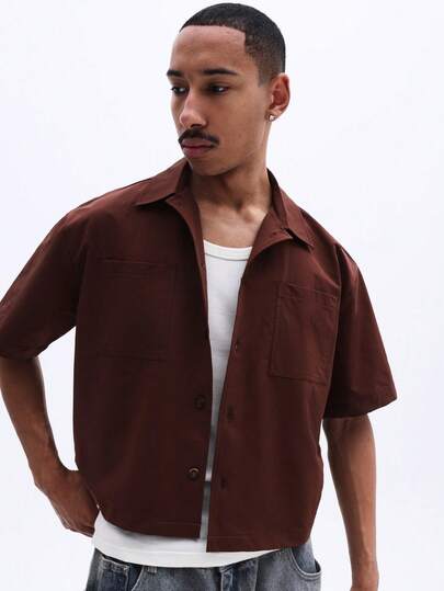 SUMWON Men's Brown Button Down Collared Short Sleeve Shirt With Chest Pocket Casual Regular Fit Summer Top