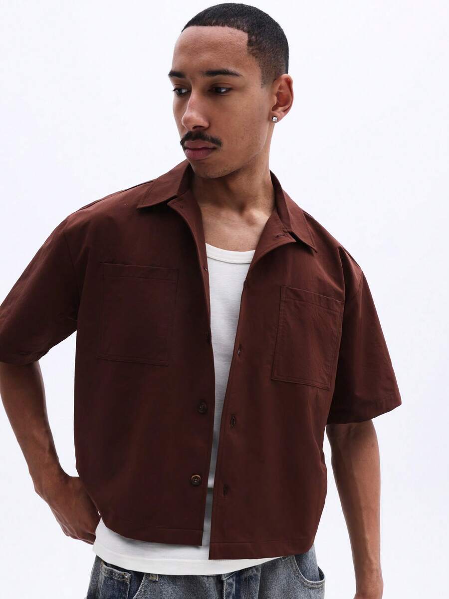 SUMWON Men's Brown Button Down Collared Short Sleeve Shirt With Chest Pocket Casual Regular Fit Summer Top - Brown - View 1