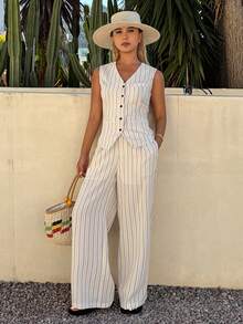 DAZY Women's Casual Striped V-Neck Faux Pocket Camisole And Wide Leg Pants 2-Piece Set, Spring/Summer Short Sets For Women - Beige - View 4