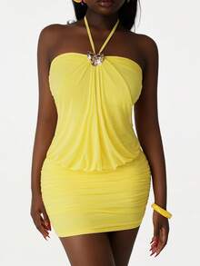 Amplova 2026新款女士黄色度假派对露背修身迷你连衣裙 - 黃色 - 查看 7
