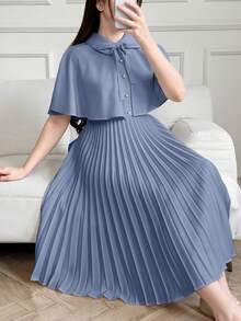 SHEIN Teen Girls Vintage Elegant Classic 2 Pieces Set Spring Summer Cape Shawl And Pleated Dress In Blue Vacation For Birthday - Blue - View 2