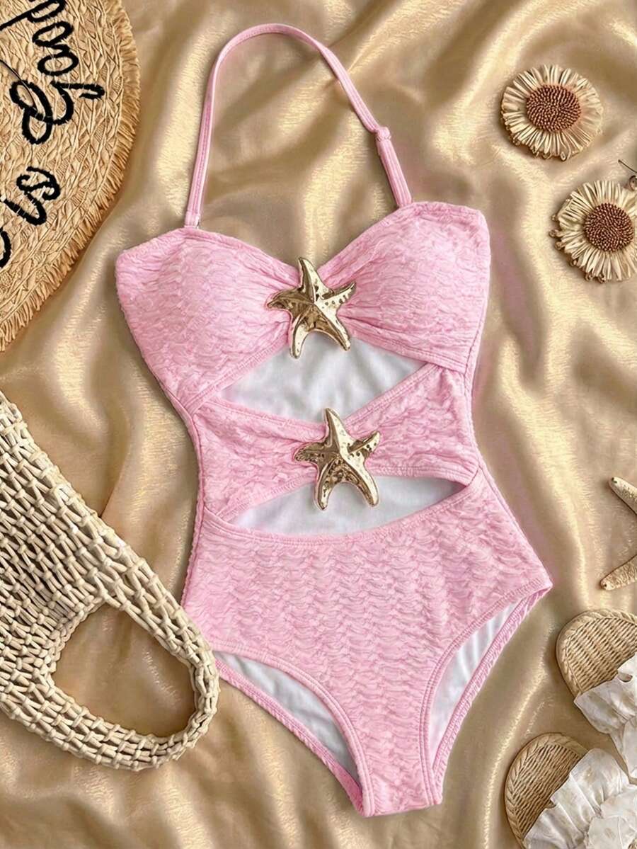 SHEIN 少女连体泳衣,带金属海星装饰挂脖 - 粉色 - 查看 1