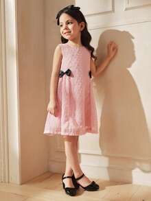 SHEIN 少女蝴蝶结装饰休闲时尚网纱连衣裙 - 粉色 - 查看 5