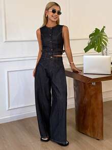 DAZY 女士圆领无袖短款背心和七分牛仔裤休闲街头风都市休闲牛仔套装 - 深色水洗藍 - 查看 3