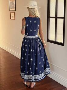 DAZY Women's Summer Round Neck Sleeveless Contrast Color Floral Print Casual Elegant Dress Boho Sun Dresses For Women Vacation Outfits Women - Navy Blue - View 6