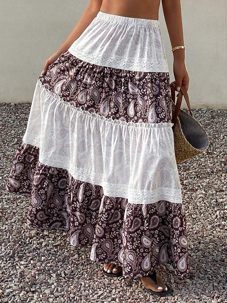 Women's Elastic Waist Loose Fit Long Casual Skirt With Cashew Flower Print Summer