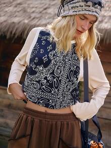 WanderVale Áo tank top không tay in họa tiết dành cho nữ, áo không tay kiểu bandana, áo mùa hè cho nữ, áo cotton cho nữ, áo dệt kim mùa hè cho nữ, kiểu dáng thường ngày, mùa xuân, mùa hè, áo dệt kim đi chơi cho nữ. - Màu xanh hải quân - Xem 5