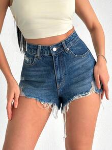 EURMUSE High Rise Washed Blue Denim Mini Women Short - Medium Wash - View 4