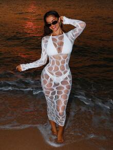 Sirith Spring/Summer New Knitted Round Neck Long Sleeve Bodycon Dress, Sexy Fitted Mesh Hollow Out Dress, Elegant Ladies Dress - White - View 8