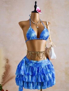 Bellisia 女士橙粉色碎花蛋糕裙三件套泳衣 - 藍色 - 查看 3