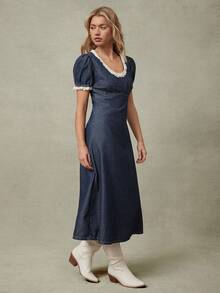 WESTFADE Chambray Mini-Rock mit Rundhalsausschnitt, Puffärmeln, Lochstickerei-Besatz und Empire-Taille in entspannter A-Linie-Form - Mittele Waschung - Übersicht 4