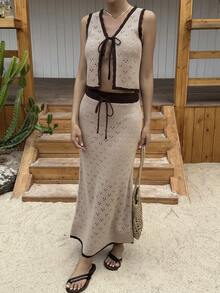 Livesso Women's Hollow Out Lace-Up Knitted Vest And Knitted Mini Skirt 2 Pieces Set, Vacation - Apricot - View 6