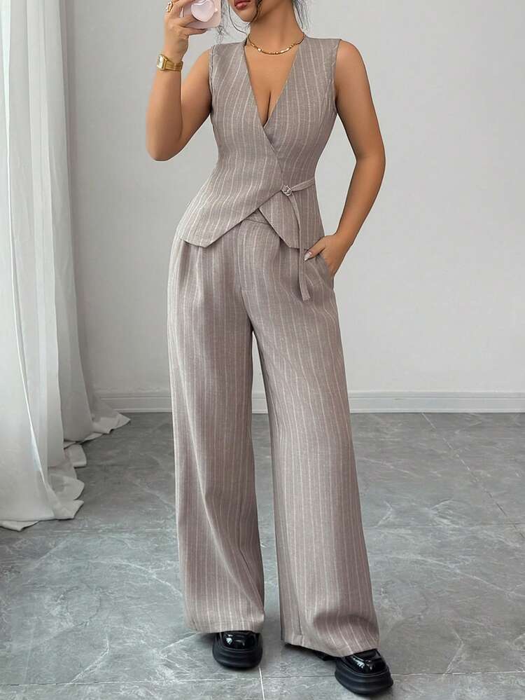 Women's Casual Striped Vest And Pants 2 Pieces Set, Summer