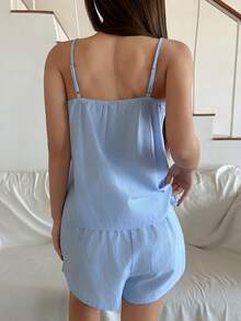 DAZY 2pcs Lace Patchwork Sleeveless Camisole & Loose Shorts Pajama Set For Women, Summer - Blue - View 2