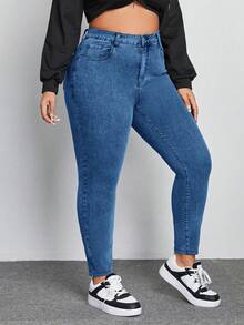 SHEIN ICON Plus Size Women Pockets Button Casual Versatile Daily Wear Denim Jeans Brown Spring - Medium Wash - View 5
