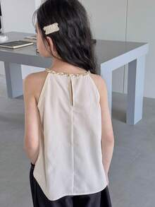 Dazy Kids Top de tirantes con cuello de halter y parches elegante para niñas preadolescentes, verano - Beis - Ver 2