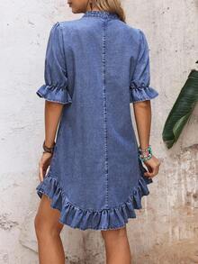EMERY ROSE Women's Casual Notched Collar Ruffle Hem Denim Dress, Summer - Blue - View 2