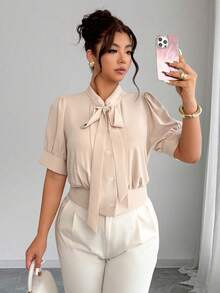 Elenzga Plus-Size Women's Tie-Waist Elegant Blouse For Spring And Summer, Suitable For Women's Office Wear. - Apricot - View 4