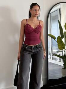 LHSEPT 优雅纯色对比蕾丝褶饰 Y2k 吊带背心 - 酒紅色 - 查看 6