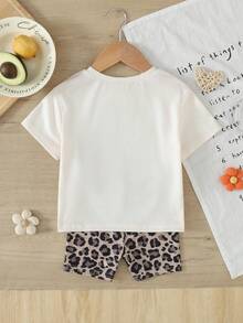 SHEIN Baby Girl Summer Casual Cartoon Print T-Shirt And Leopard Print Shorts Set - Multicolor - View 2