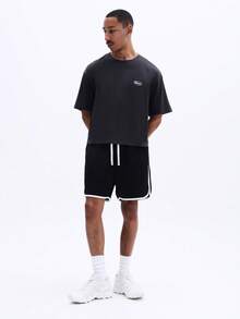 SUMWON Men's Basketball Drawstring Shorts With Contrast White Trim Side Pockets Elastic Waistband Casual Athletic Wear Summer Relaxed Fit - Black - View 2