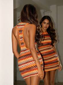 SHEIN ICON 女士外出度假波西米亚风礼服，适合舞会、科切拉音乐节、海滩度假、辣妹风条纹圆领露背无袖性感迷你连衣裙，夏季 - 橘色 - 查看 12