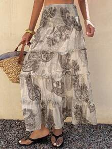 DAZY Women's Elegant Floral Print Frill Trim Skirt, Summer - Khaki - View 1