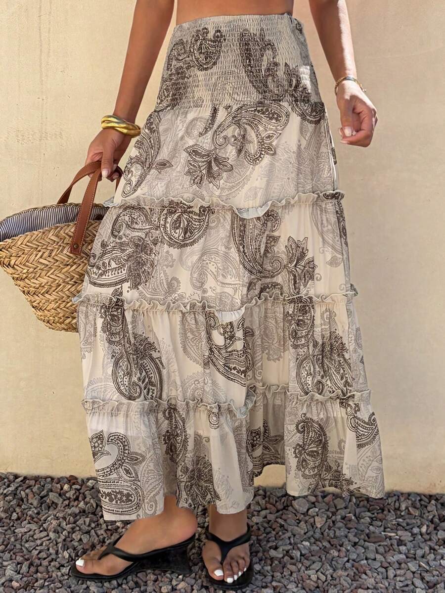 DAZY Women's Elegant Floral Print Frill Trim Skirt, Summer - Khaki - View 1