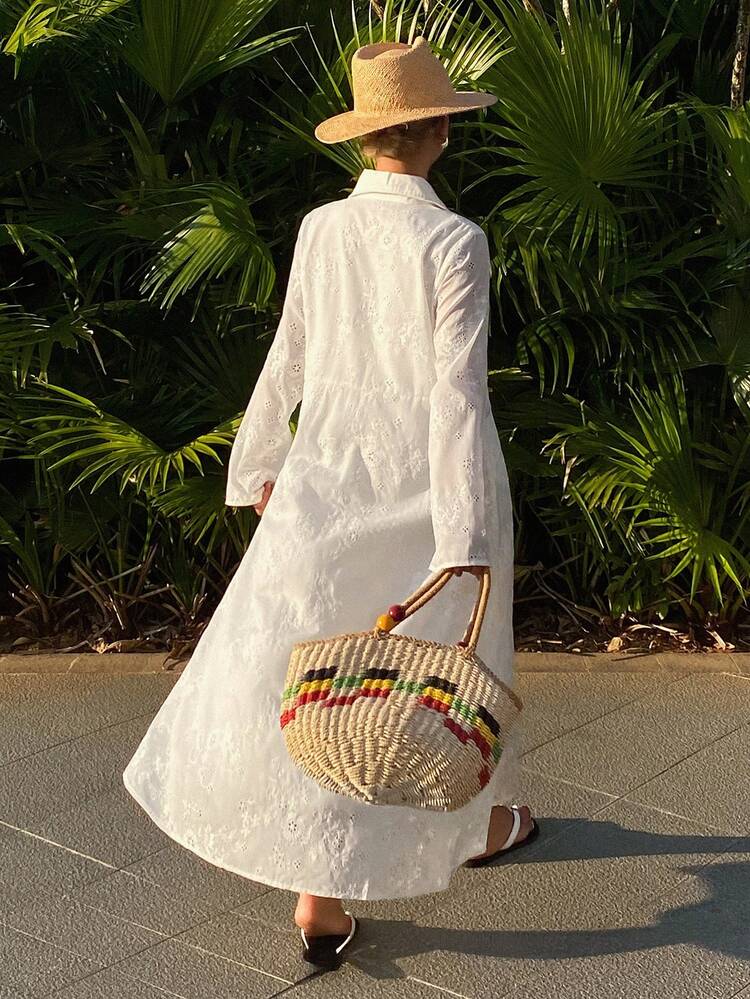 Women's Casual Embroidered Pocket Shirt Dress, Spring/Summer,Wedding Guest Dress Women Maxi Dress Sundress