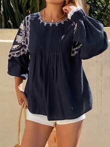 DAZY Women's Elegant Lace Patchwork Embroidered Pleated Blouse, Spring/Summer - Navy Blue - View 3