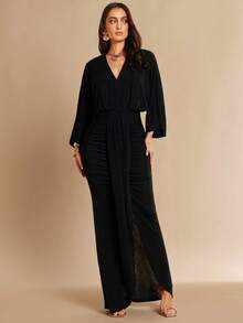 Silquee 女士优雅派对纯色蝙蝠袖连衣裙 - 黑色 - 查看 4