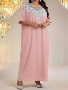 SHEIN Lady Đầm dạ hội thanh lịch cỡ lớn đính sequin lấp lánh - Bụi hồng - Xem 5