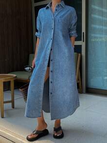 DAZY 女士休闲水洗口袋牛仔衬衫裙，春夏款 - 藍色 - 查看 3