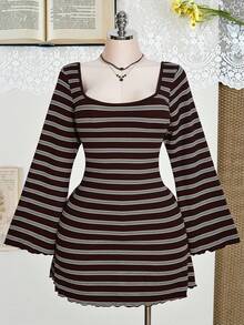 SHEIN ICON 大码彩色条纹露背喇叭袖针织连衣裙 - 彩色 - 查看 4