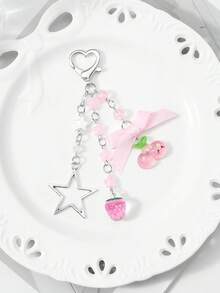 ROMWE Kawaii 1 nouveau porte-clés pendentif de sac mignon et polyvalent avec étoile en résine rose, fraise scintillante, perle ronde à pois, nœud et cerise de dessin animé. Convient pour les filles et les femmes pour un usage quotidien et comme cadeau de vacances - Rose-22 - Voir 5