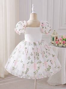 SHEIN Glamorique Kids 小女孩公主派对连衣裙，泡泡袖，杏色、粉色，彩色刺绣花朵，刺绣网纱裙摆，可爱蓬蓬裙，适合所有季节，生日派对、婚礼、节日等场合。 - 白色 - 查看 2