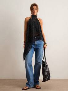 Freevana 女士撞色蕾丝不对称下摆时尚吊带背心 - 黑色 - 查看 6