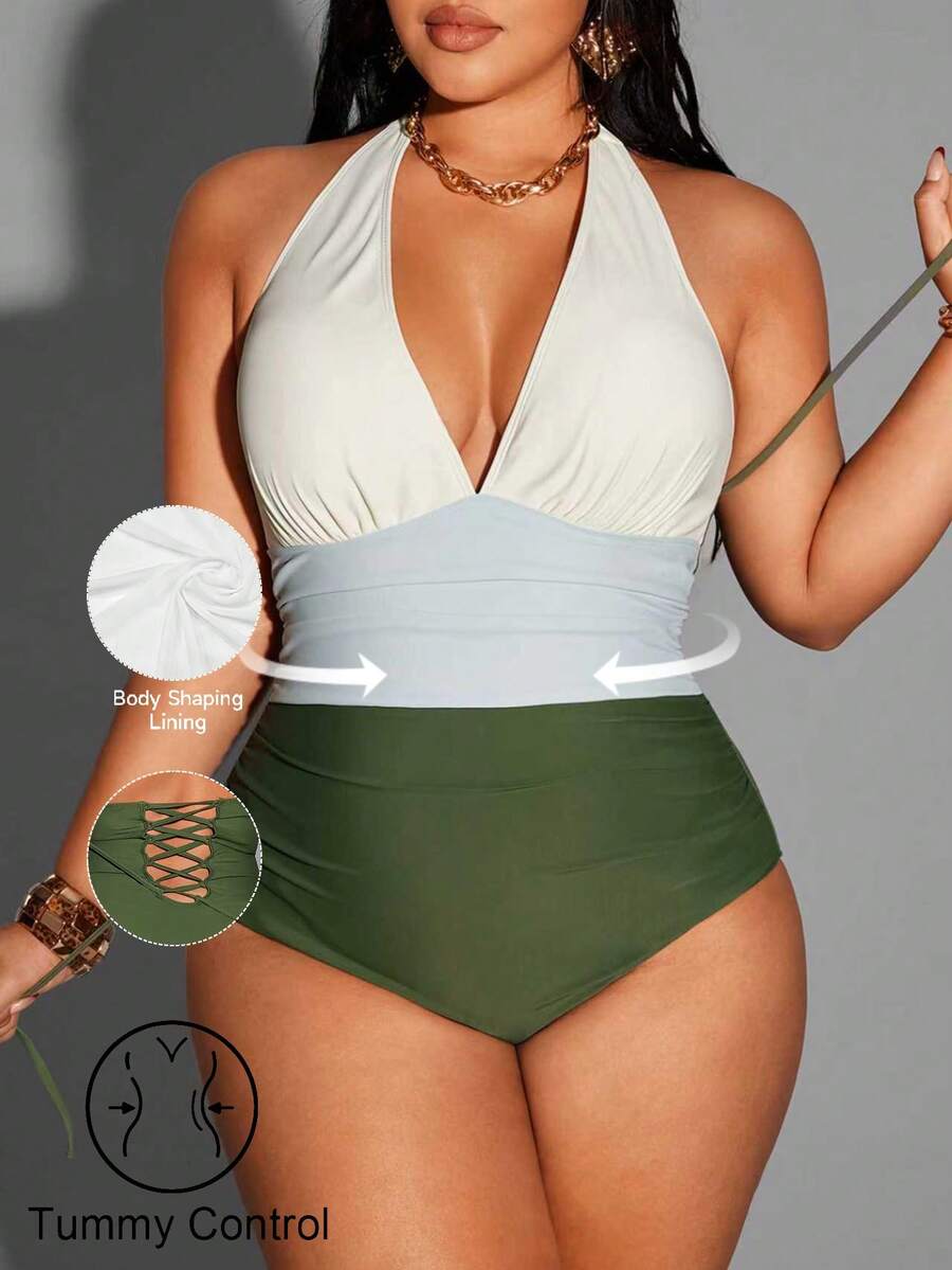 Shapewave 大码纯色拼接交叉露背收腹连体泳衣 - 彩色 - 查看 1