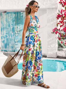 Vivid Eden 女士V领交叉露背系带宽松阔腿连体裤，艺术印花图案，适合夏季休闲/度假穿着 - 彩色 - 查看 3