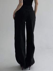 DAZY 女士高腰口袋直筒宽松休闲百搭牛仔裤 - 黑色 - 查看 5