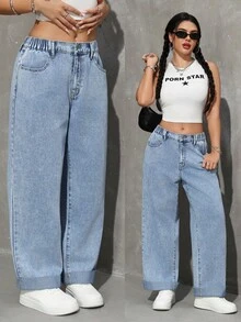 SHEIN Tall Summer Women's Tall Loose Casual Daily Commuting Going Out Outfits Versatile Elastic Waistband Wide Leg Blue Tapered Jeans - Light Wash - View 2