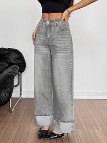 SHEIN PETITE 女士高腰口袋阔腿宽松休闲百搭牛仔裤 - 黑色 - 查看 1