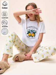 Loomlin Cotton 2pcs Women Limon Print Short And Limoncello Print Top Homewear Pajama Set - Yellow - View 1