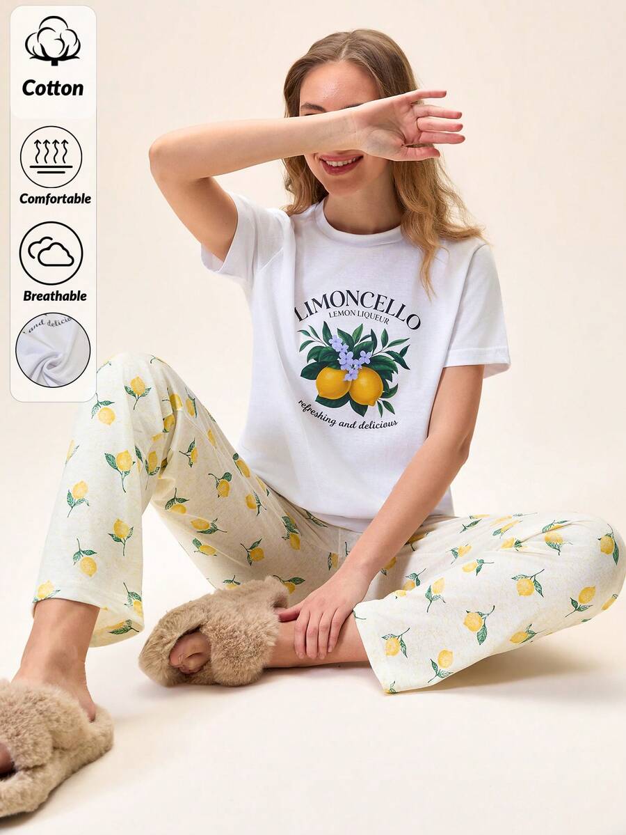 Loomlin Cotton 2pcs Women Limon Print Short And Limoncello Print Top Homewear Pajama Set - Yellow - View 1