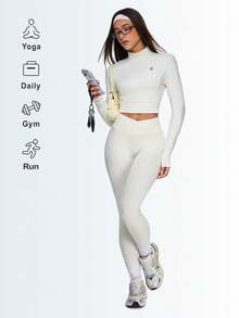 Eassivo Eassivo 女士运动上衣 新款时尚露背瑜伽长袖修身运动上衣 适合户外普拉提训练 - 米色 - 查看 11