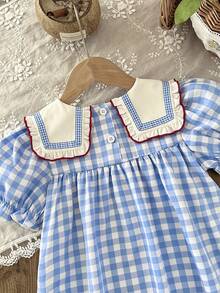 Young Girl' Summer Blue & White Plaid Dress, With Cherry Embroidered Lapel, Puff Sleeves + Loose Skirt, Fresh And Cute, Suitable For Summer Outfit, Plaid Element Brings Retro Vibe, Sweet Elements Fully Loaded. - Blue - View 5