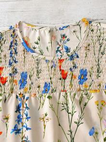 SHEIN LUNE 女士多色印花设计圆领宽松版型优雅休闲度假风拍照上衣，适合上学、旅行、海滩、街头风格，夏季上衣，时尚小众设计百搭短袖衬衫 - 彩色 - 查看 4